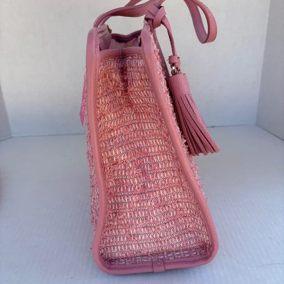 Kate Spade Rowe Summer Tweed Pink Raffia Leather Medium Satchel Bag NEW - Picture 6 of 16